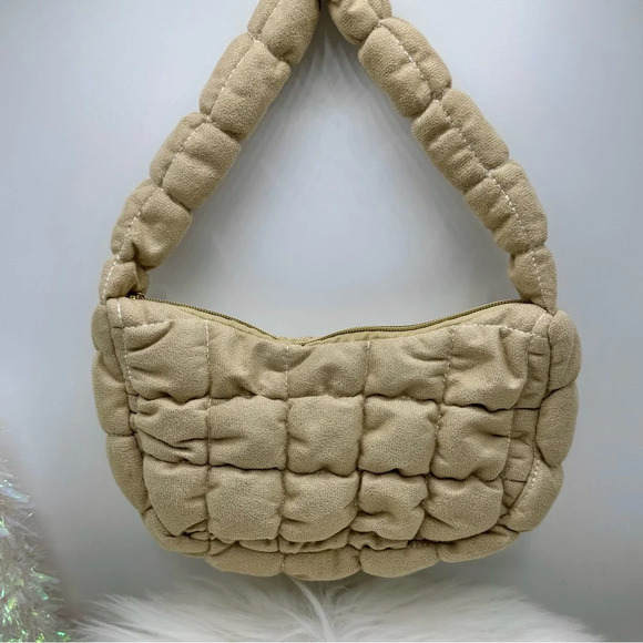 Cloud Feel Puffer Quilted Soft Fabric Material Hand Bag in tan - Picture 5 of 5
